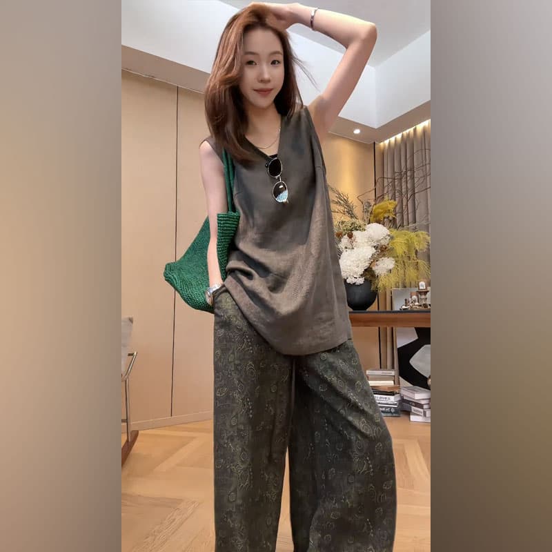 느긋한 느슨함 센스 회색 민소매 v 칼라 조끼 하이웨이스트 도루 센스 녹색 프린트 와이드 레그 팬츠 게으른 투피스 세트 상세 이미지 2