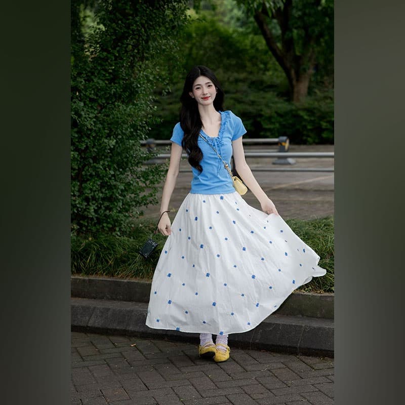 여름 새로운 파란색 V넥 나비 매듭 프릴 몸매 가꾸기 반팔 티셔츠 코디 화이트 한 마디 롱 스커트 투피스 세트 상세 이미지 2