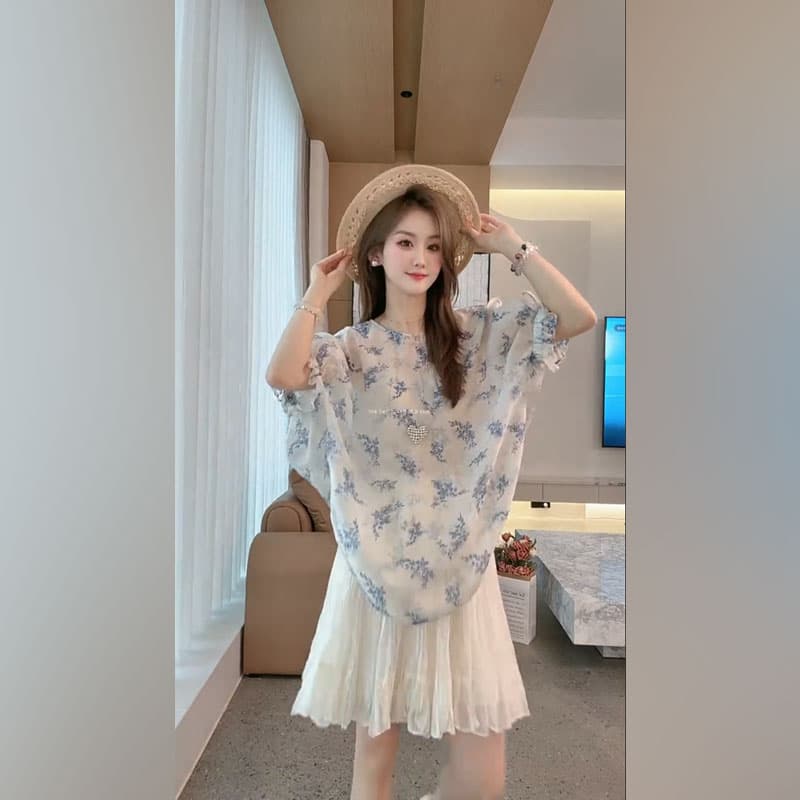 한 부서 느긋한 파란색 꽃무늬 여성 셔츠 여름 루즈핏 거품 소매 표지 고기 중간 길이 맨위 반신 치마 세트 이미지 5