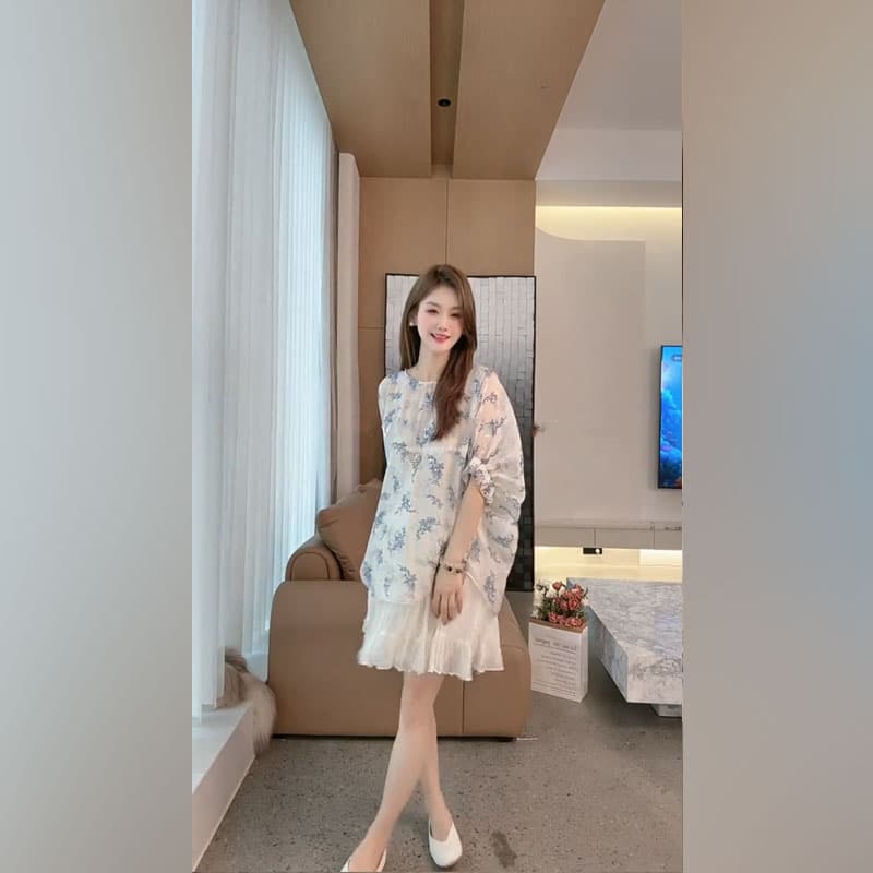 한 부서 느긋한 파란색 꽃무늬 여성 셔츠 여름 루즈핏 거품 소매 표지 고기 중간 길이 맨위 반신 치마 세트 상세 이미지 3