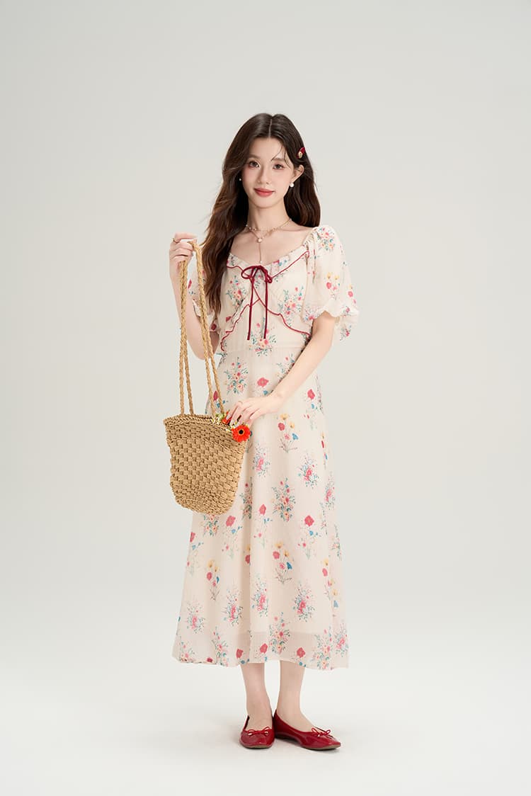 2026 여름 새로운 프랑스식 광장 칼라 프릴 작은 대중 허리 수축 레트로 꽃무늬 벌룬 소매 여성 드레스 상세 이미지 9