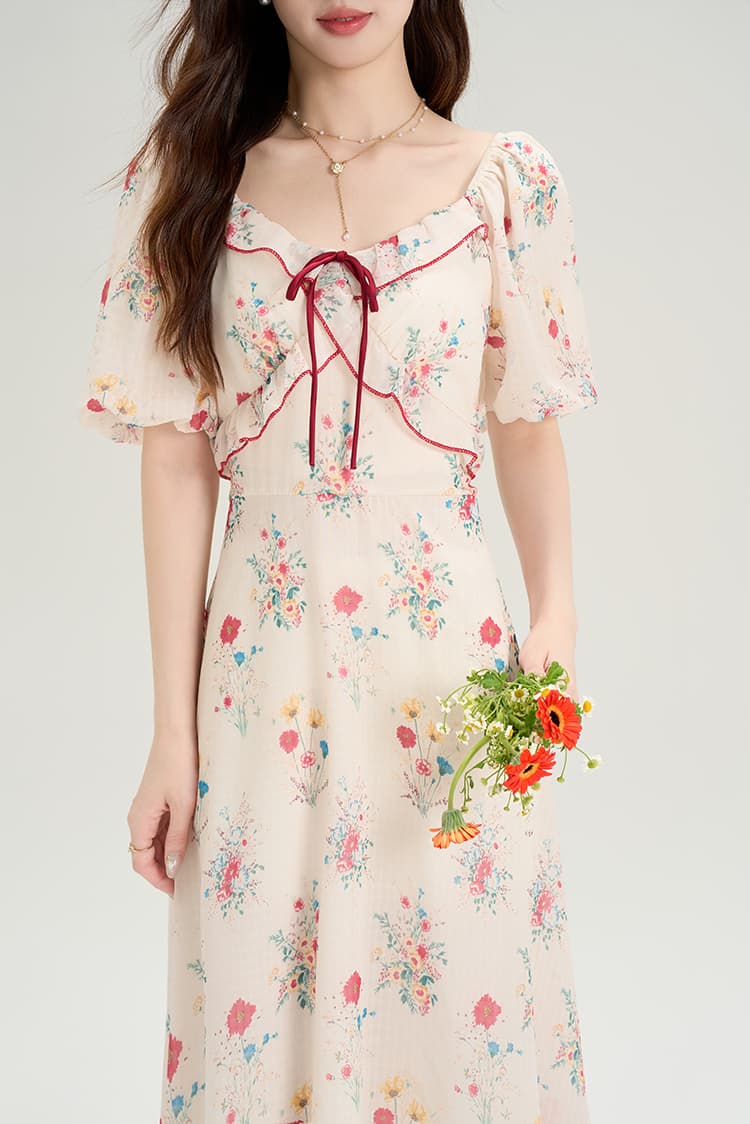 2026 여름 새로운 프랑스식 광장 칼라 프릴 작은 대중 허리 수축 레트로 꽃무늬 벌룬 소매 여성 드레스 상세 이미지 13