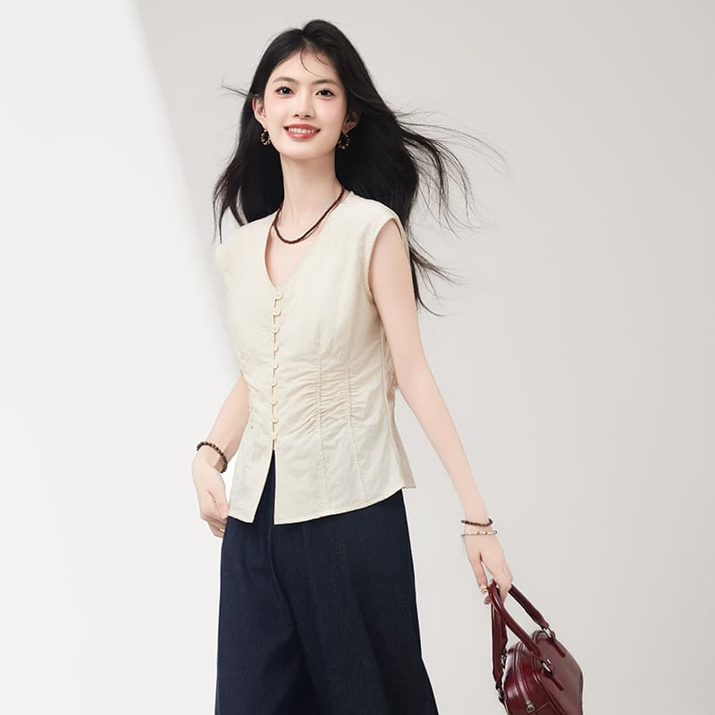 2026 새로운 한국 ins 여름 디자인 센스 작은 대중 V넥 조끼 핀치 Pleat 허리 수축 디스플레이 痩 민소매 맨위 이미지 4