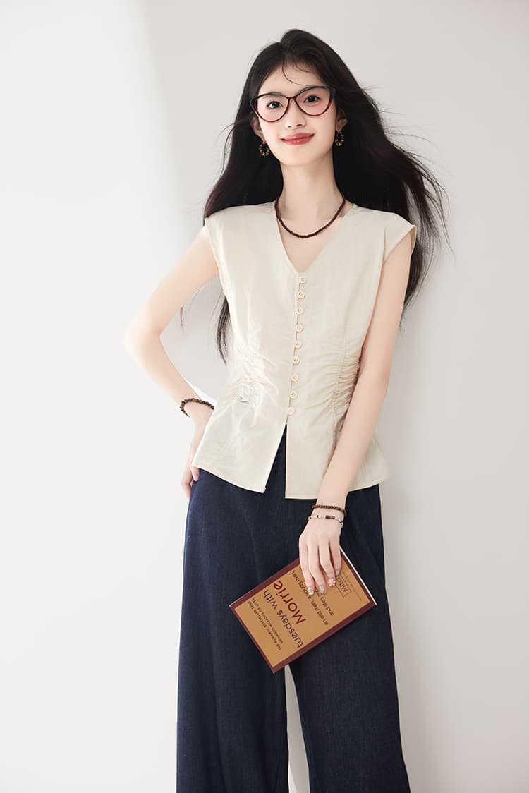 2026 새로운 한국 ins 여름 디자인 센스 작은 대중 V넥 조끼 핀치 Pleat 허리 수축 디스플레이 痩 민소매 맨위 상세 이미지 2