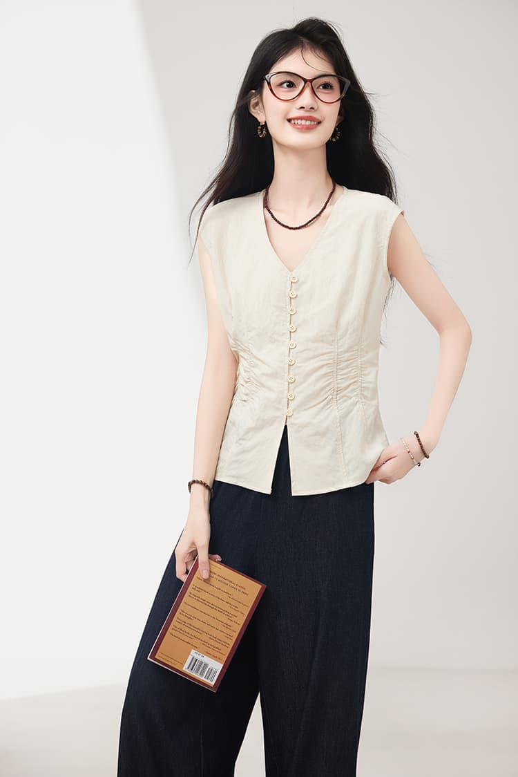 2026 새로운 한국 ins 여름 디자인 센스 작은 대중 V넥 조끼 핀치 Pleat 허리 수축 디스플레이 痩 민소매 맨위 상세 이미지 5