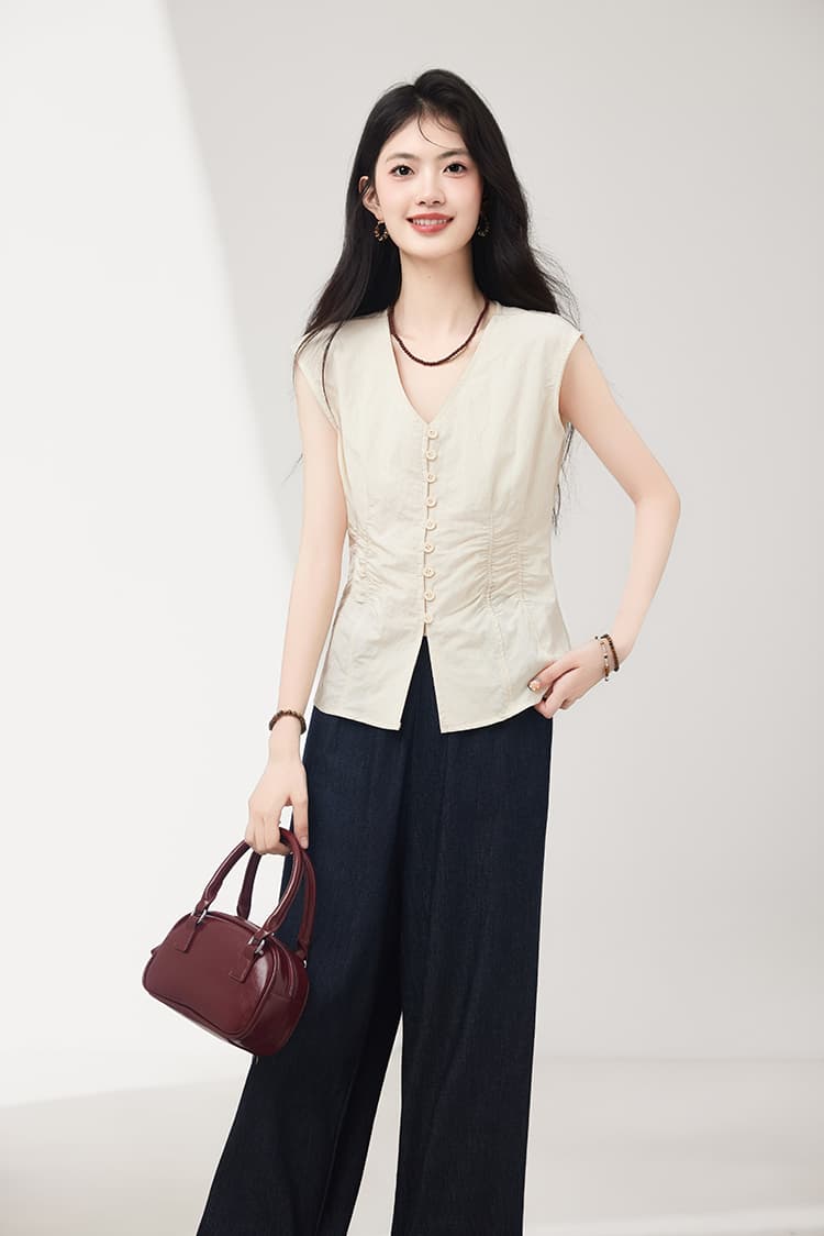 2026 새로운 한국 ins 여름 디자인 센스 작은 대중 V넥 조끼 핀치 Pleat 허리 수축 디스플레이 痩 민소매 맨위 상세 이미지 8