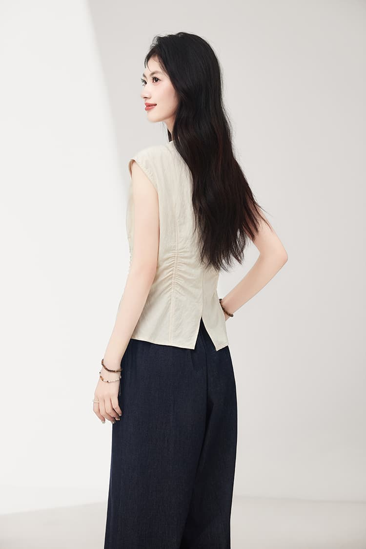 2026 새로운 한국 ins 여름 디자인 센스 작은 대중 V넥 조끼 핀치 Pleat 허리 수축 디스플레이 痩 민소매 맨위 상세 이미지 11