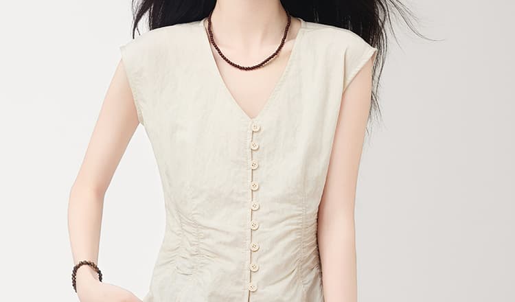 2026 새로운 한국 ins 여름 디자인 센스 작은 대중 V넥 조끼 핀치 Pleat 허리 수축 디스플레이 痩 민소매 맨위 상세 이미지 12