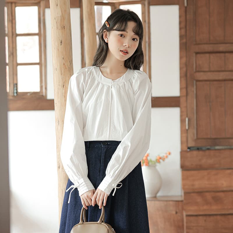 2026 실사 가을 새로운 레트로 루즈핏 디자인 센스 프랑스식 Chic 레이스업 다용도 긴팔 여성 셔츠 이미지 5