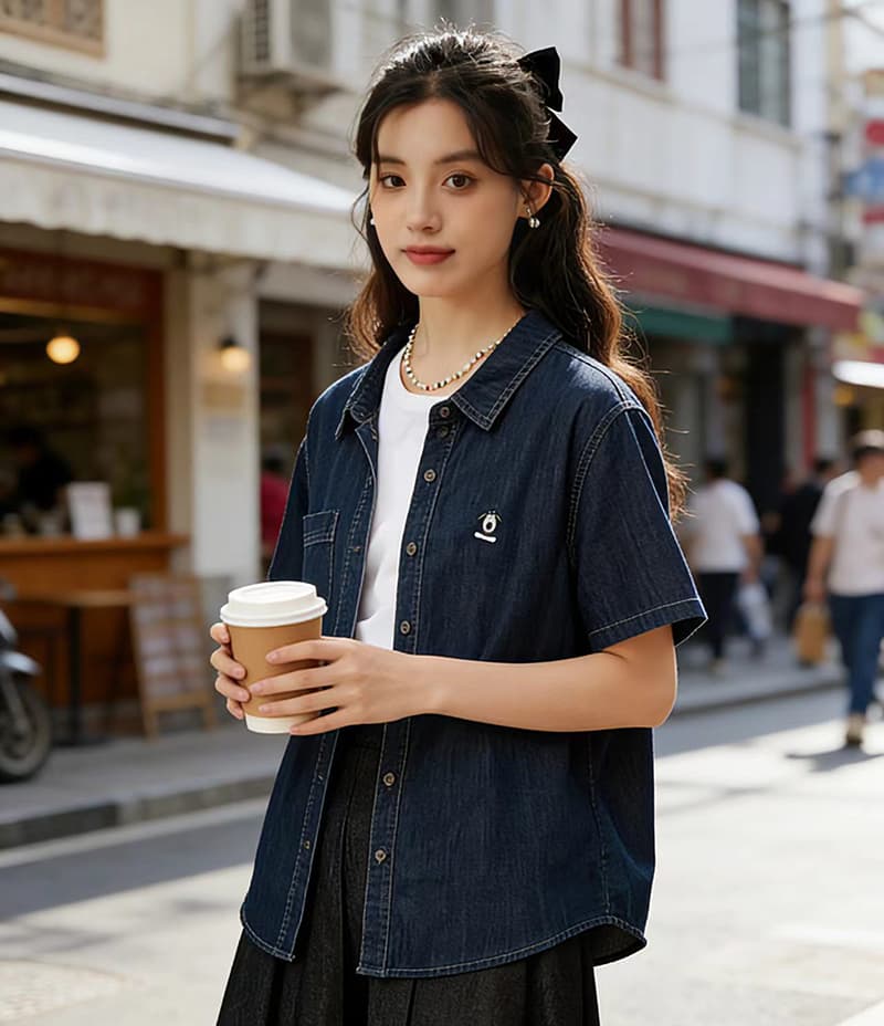 2026 여름 새로운 레트로 마 오래된 데님 반팔 여성 셔츠 루즈핏 슬림해 보이는 강아지 자수 캐주얼 맨위