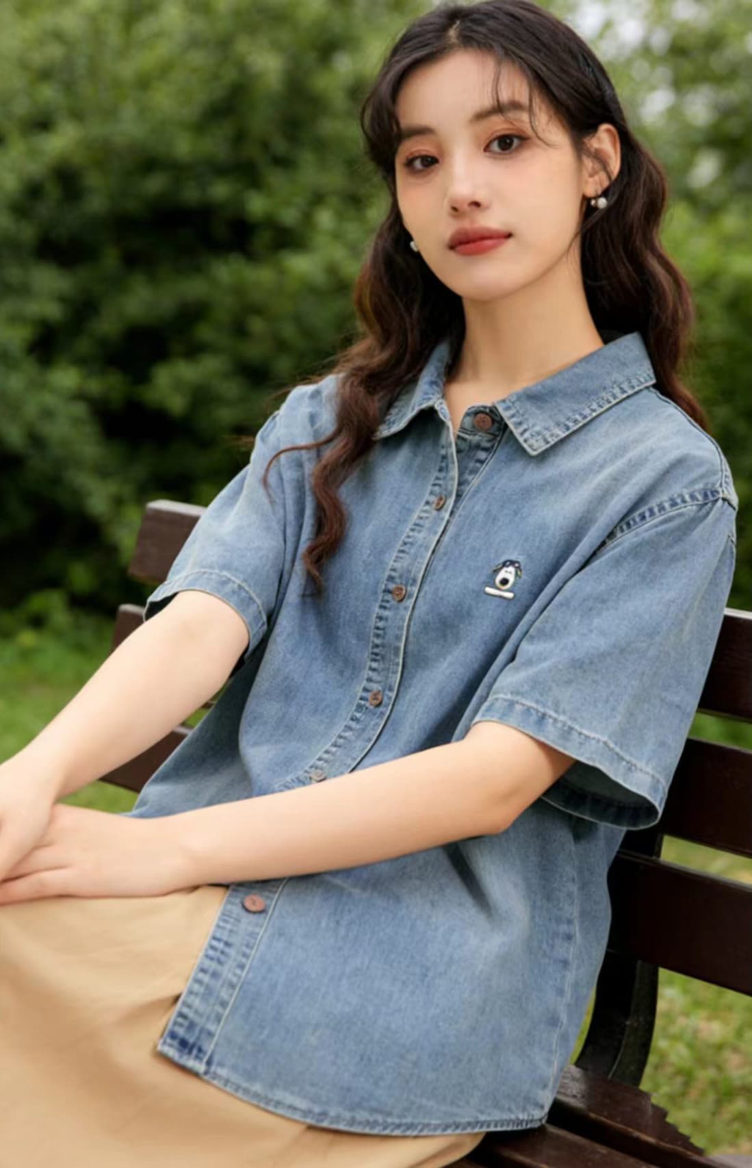 2026 여름 새로운 레트로 마 오래된 데님 반팔 여성 셔츠 루즈핏 슬림해 보이는 강아지 자수 캐주얼 맨위 상세 이미지 1