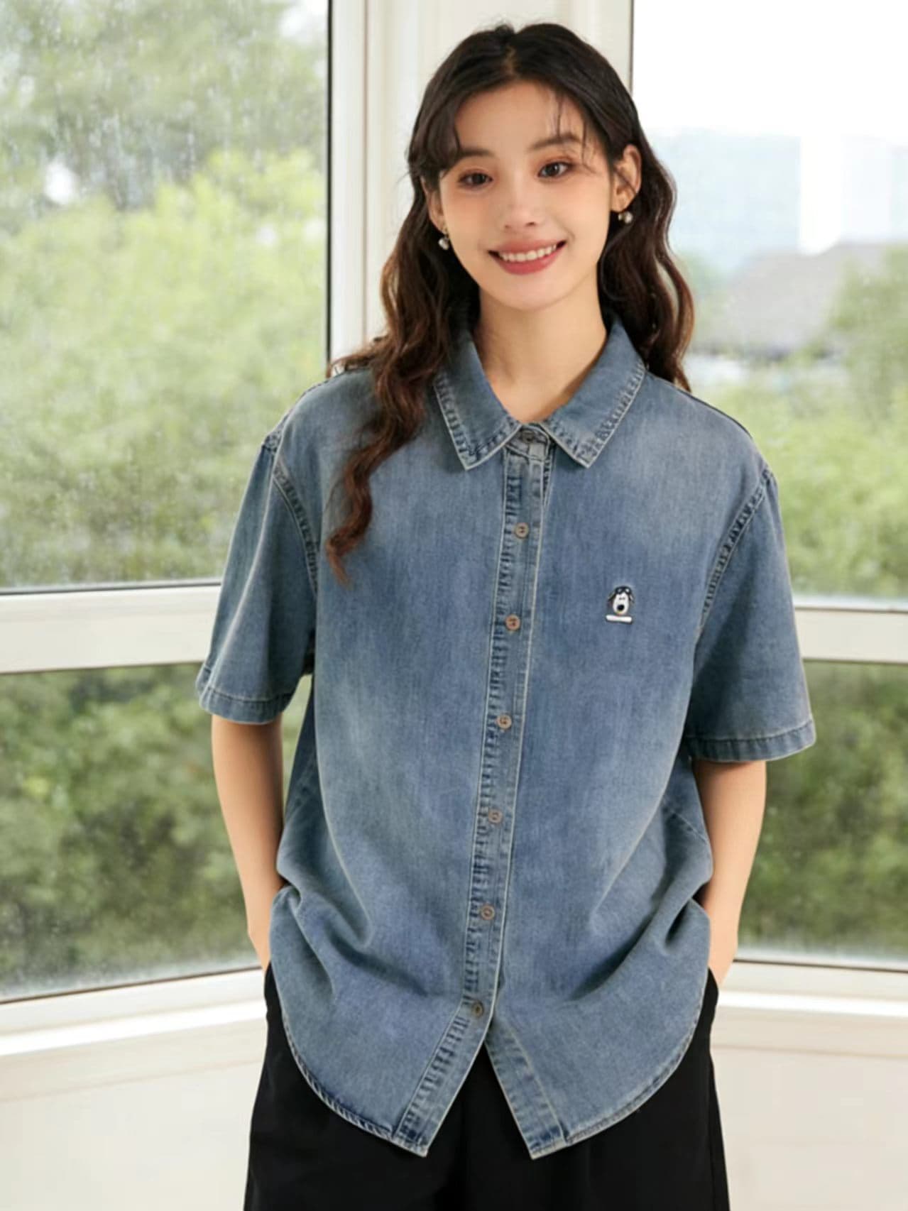 2026 여름 새로운 레트로 마 오래된 데님 반팔 여성 셔츠 루즈핏 슬림해 보이는 강아지 자수 캐주얼 맨위 상세 이미지 4