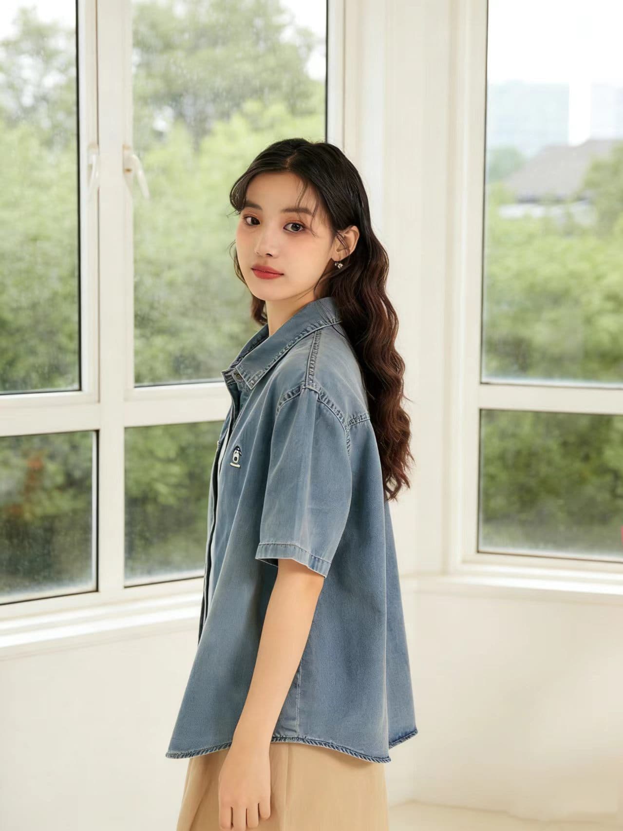 2026 여름 새로운 레트로 마 오래된 데님 반팔 여성 셔츠 루즈핏 슬림해 보이는 강아지 자수 캐주얼 맨위 상세 이미지 5