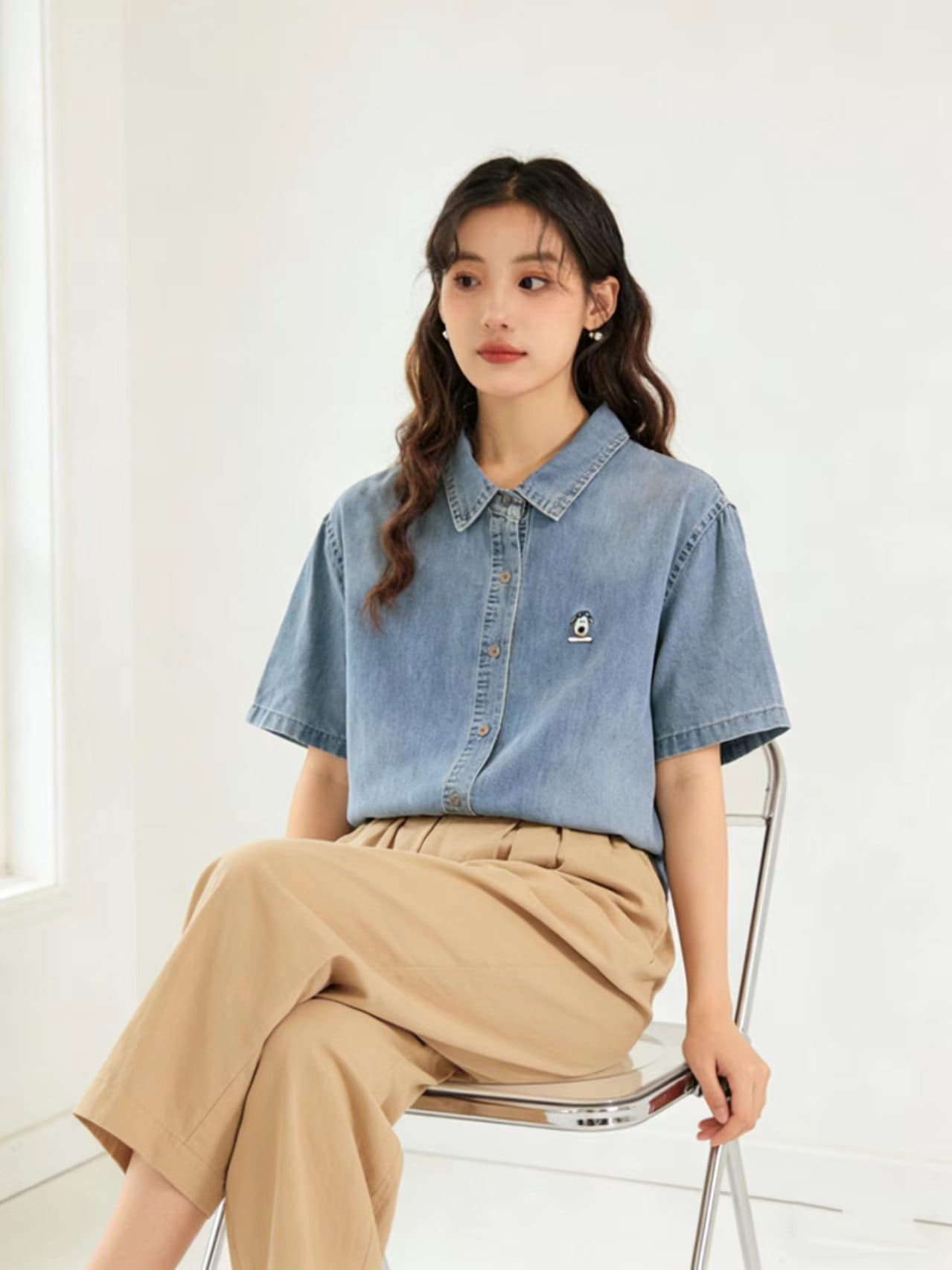 2026 여름 새로운 레트로 마 오래된 데님 반팔 여성 셔츠 루즈핏 슬림해 보이는 강아지 자수 캐주얼 맨위 상세 이미지 6