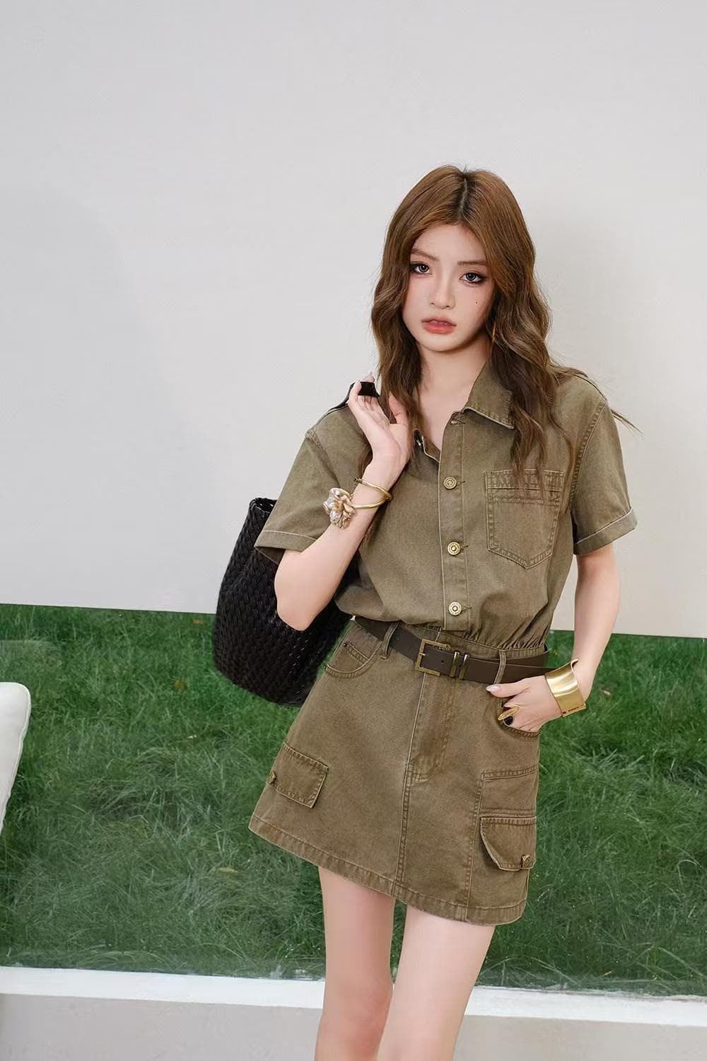 아메리칸 레트로 워크웨어 데님 여성 드레스 여름 허리 수축 슬림해 보이는 반팔 워싱 카키 녹색 올인원 미니 스커트 상세 이미지 7