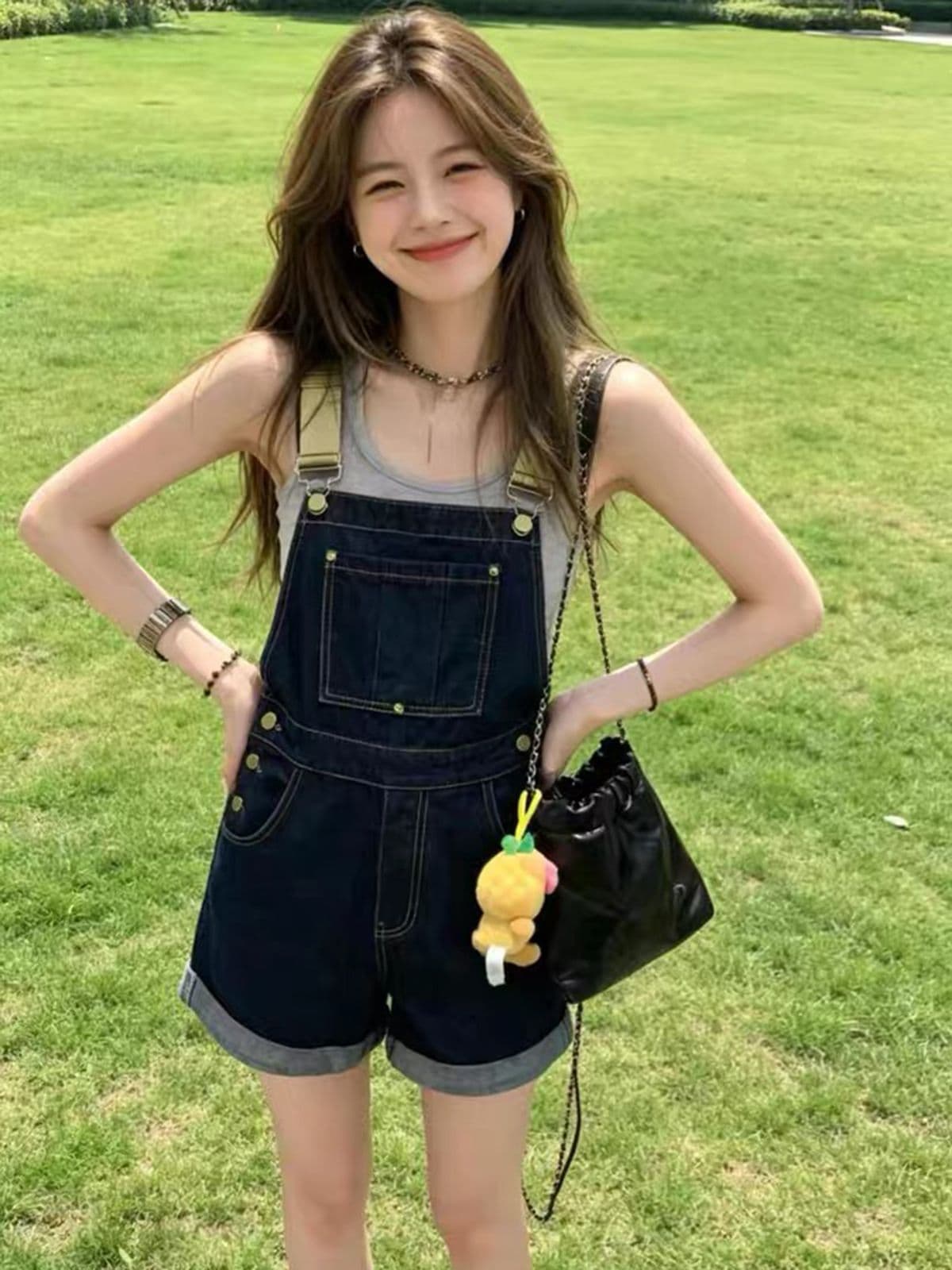 아메리칸 레트로 진한 파란색 데님 멜빵 반바지 여성 여름 루즈핏 슬림해 보이는 달콤한 차가운 연령 감소 다용도 스트레이트 올인원 바지 이미지 3