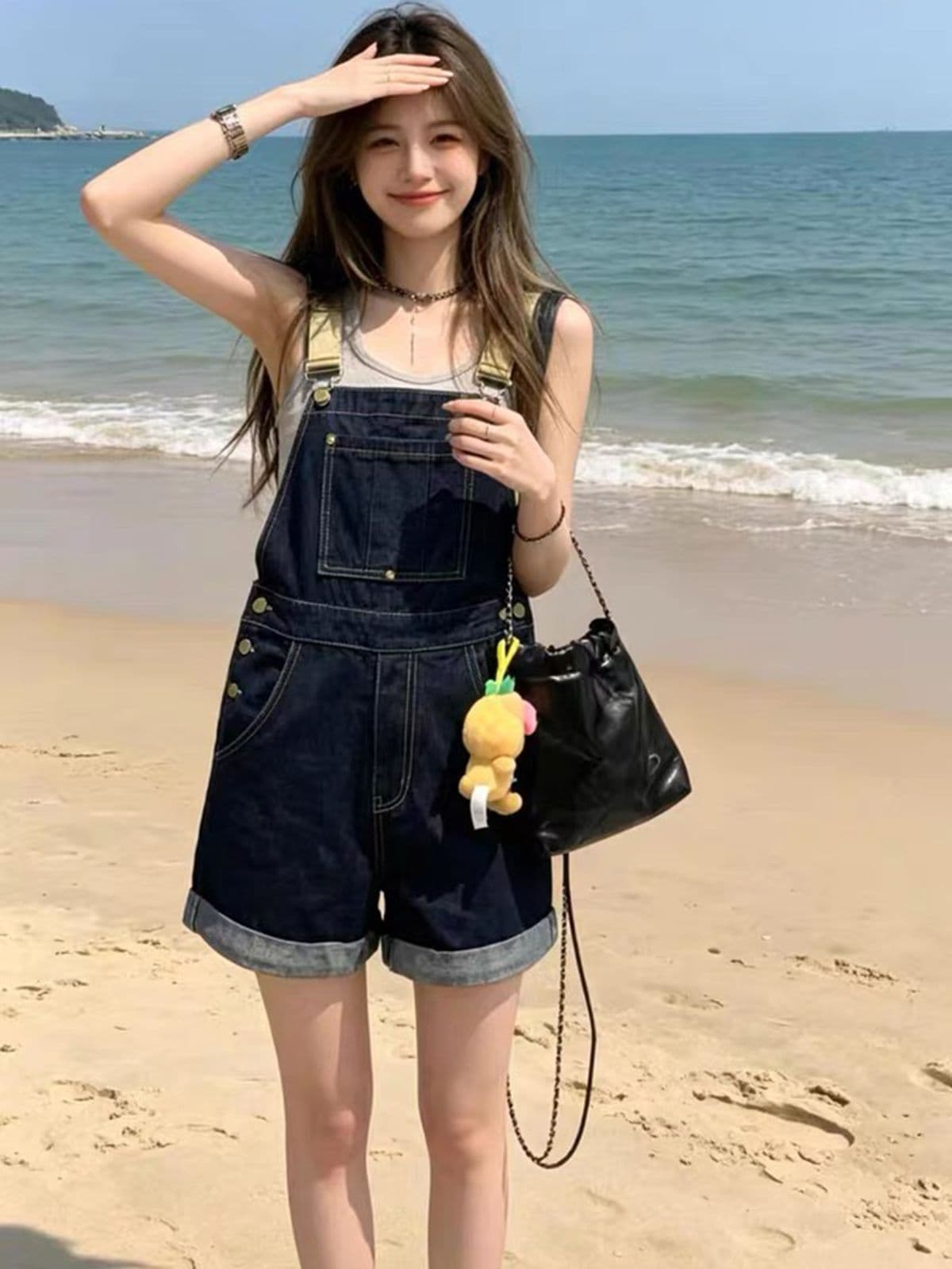 아메리칸 레트로 진한 파란색 데님 멜빵 반바지 여성 여름 루즈핏 슬림해 보이는 달콤한 차가운 연령 감소 다용도 스트레이트 올인원 바지