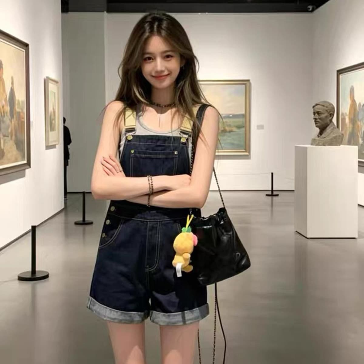 아메리칸 레트로 진한 파란색 데님 멜빵 반바지 여성 여름 루즈핏 슬림해 보이는 달콤한 차가운 연령 감소 다용도 스트레이트 올인원 바지 이미지 5