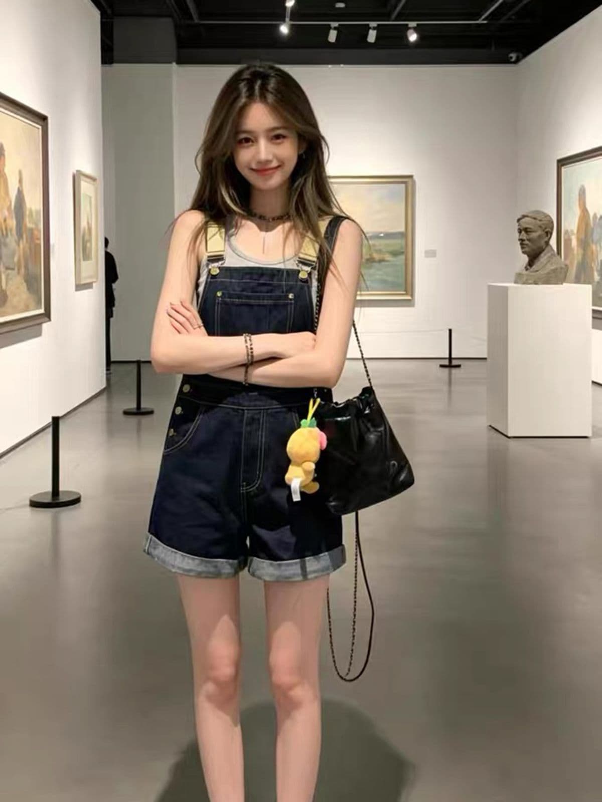 아메리칸 레트로 진한 파란색 데님 멜빵 반바지 여성 여름 루즈핏 슬림해 보이는 달콤한 차가운 연령 감소 다용도 스트레이트 올인원 바지 상세 이미지 3