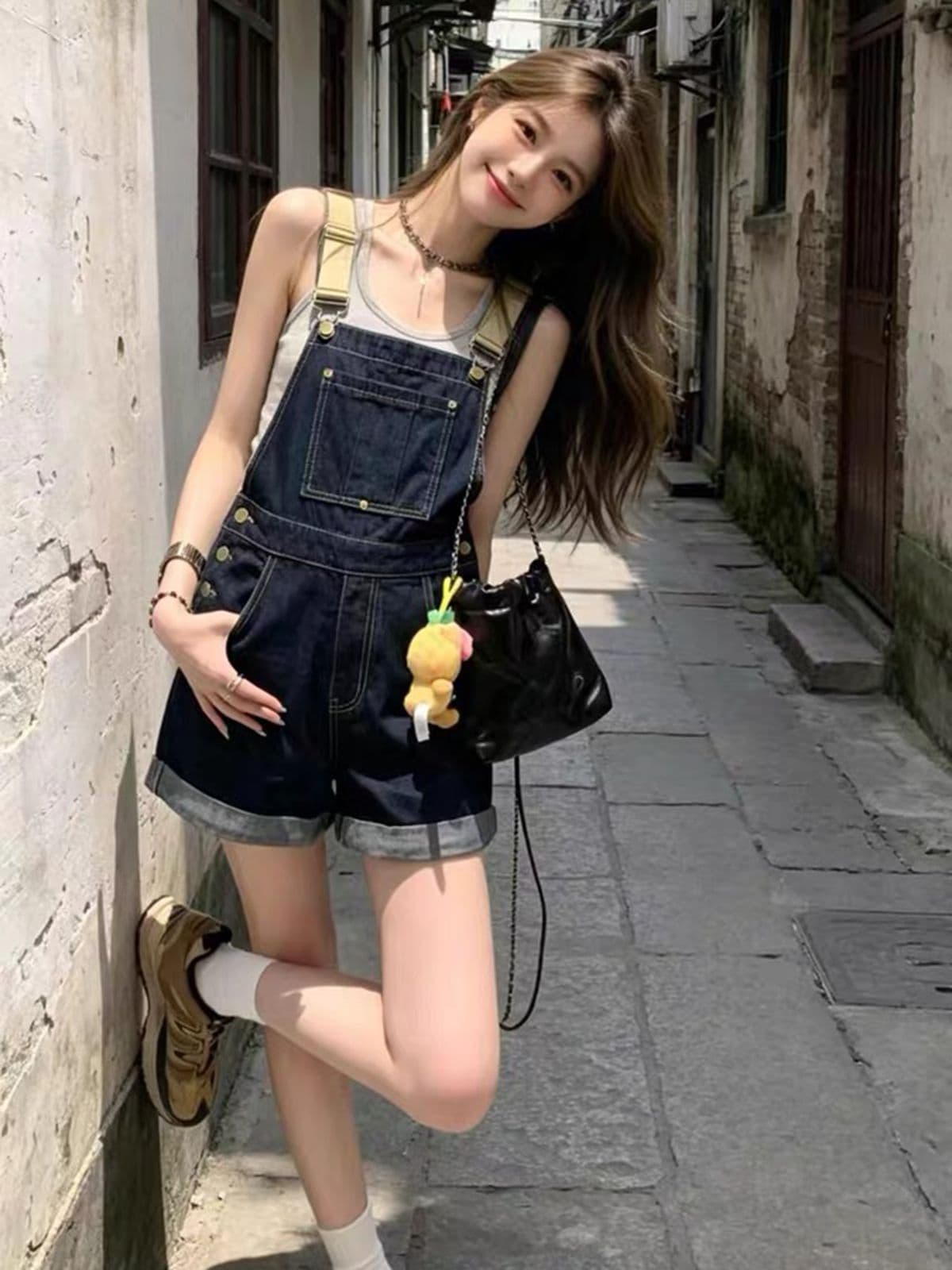 아메리칸 레트로 진한 파란색 데님 멜빵 반바지 여성 여름 루즈핏 슬림해 보이는 달콤한 차가운 연령 감소 다용도 스트레이트 올인원 바지 상세 이미지 5