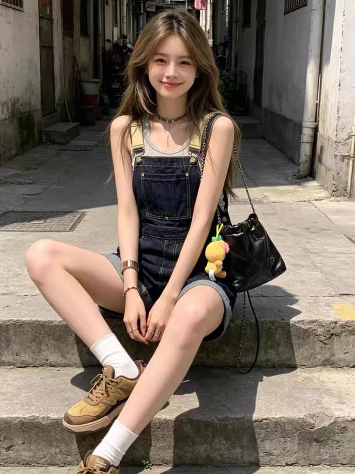 아메리칸 레트로 진한 파란색 데님 멜빵 반바지 여성 여름 루즈핏 슬림해 보이는 달콤한 차가운 연령 감소 다용도 스트레이트 올인원 바지 상세 이미지 8