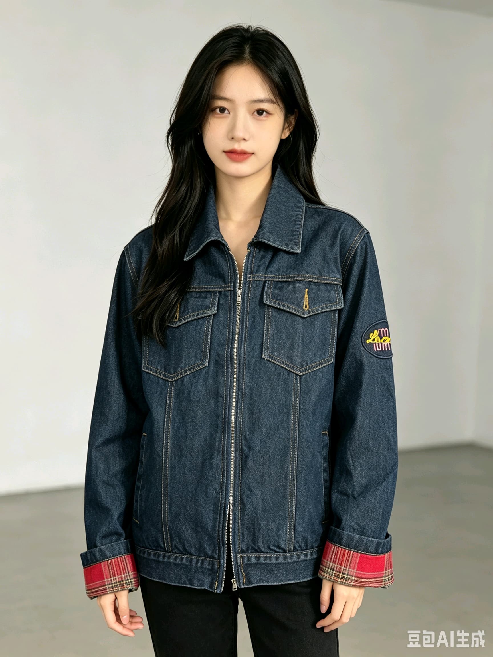 레트로 패치워크 체크무늬 커프스 데님 여성 코트 봄 가을 루즈핏 다용도 폴로 칼라 워싱 워크웨어 재킷 맨위 이미지 2