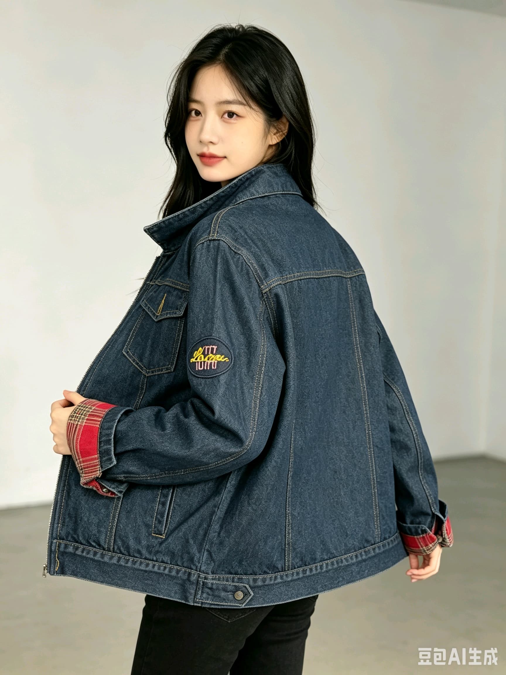 레트로 패치워크 체크무늬 커프스 데님 여성 코트 봄 가을 루즈핏 다용도 폴로 칼라 워싱 워크웨어 재킷 맨위 이미지 4