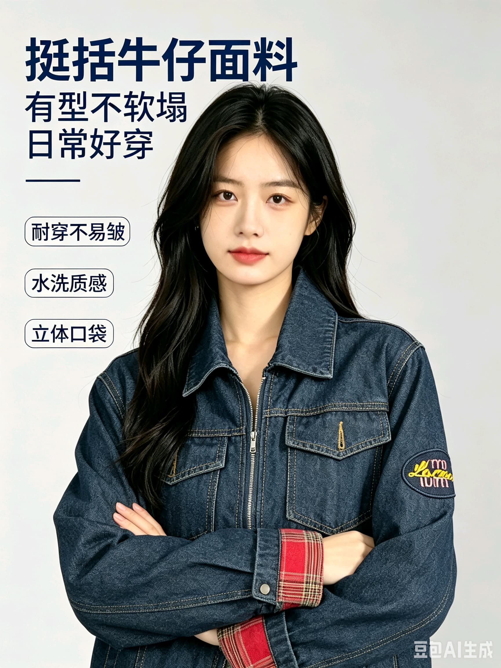 레트로 패치워크 체크무늬 커프스 데님 여성 코트 봄 가을 루즈핏 다용도 폴로 칼라 워싱 워크웨어 재킷 맨위 상세 이미지 1