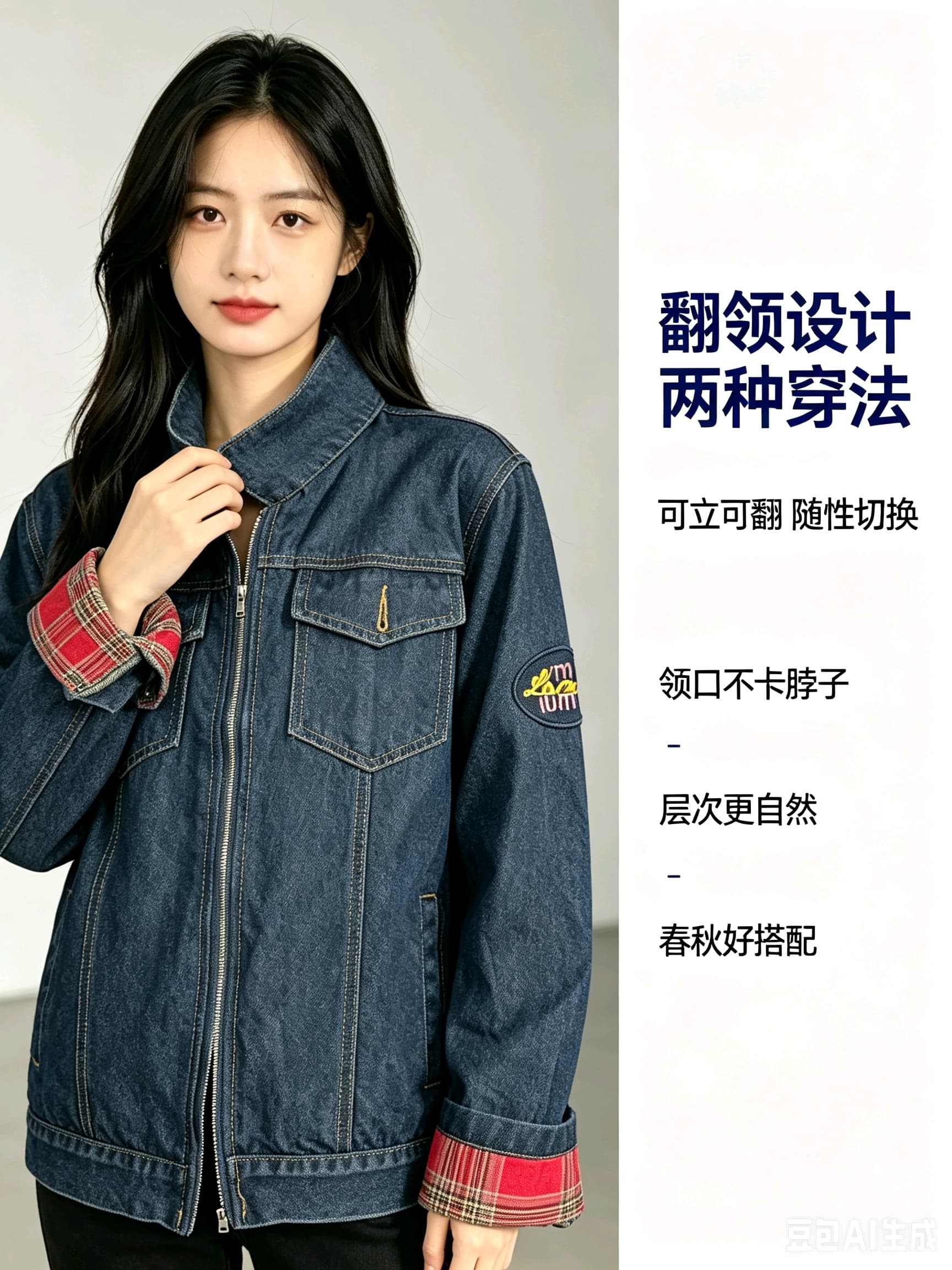 레트로 패치워크 체크무늬 커프스 데님 여성 코트 봄 가을 루즈핏 다용도 폴로 칼라 워싱 워크웨어 재킷 맨위 상세 이미지 4