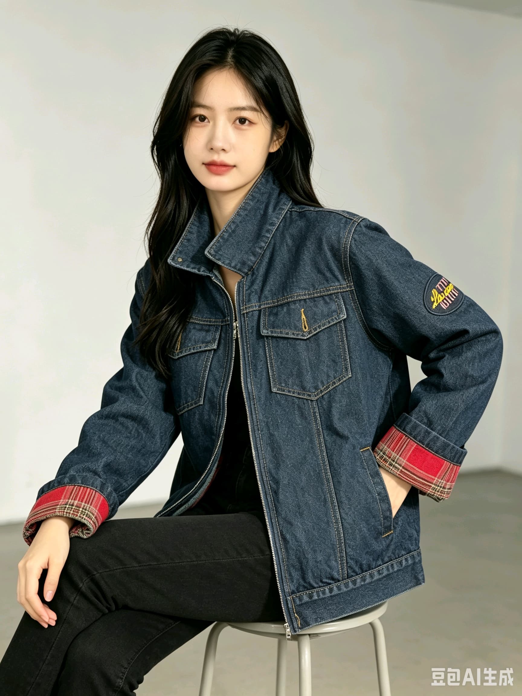 레트로 패치워크 체크무늬 커프스 데님 여성 코트 봄 가을 루즈핏 다용도 폴로 칼라 워싱 워크웨어 재킷 맨위 상세 이미지 6