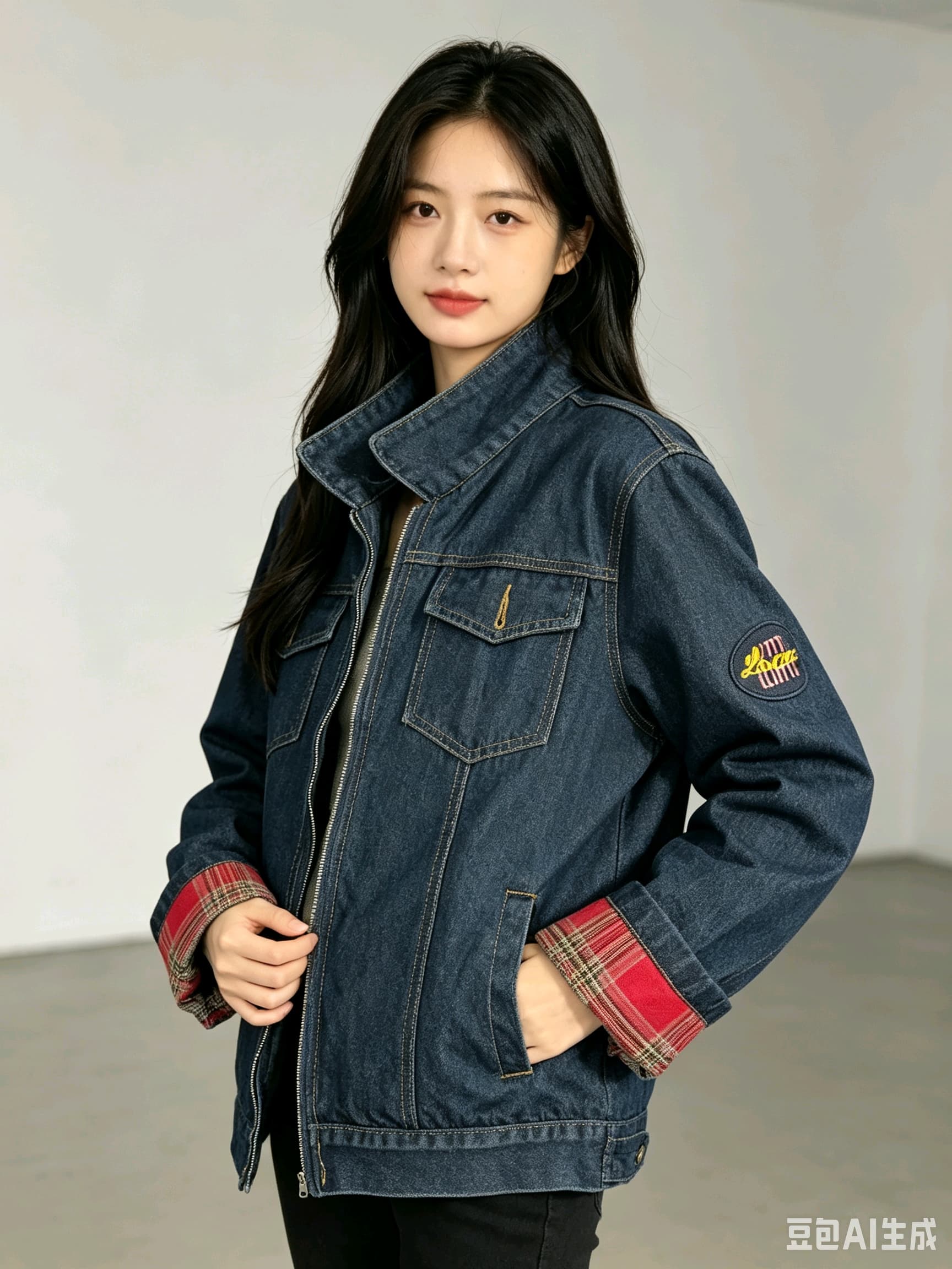 레트로 패치워크 체크무늬 커프스 데님 여성 코트 봄 가을 루즈핏 다용도 폴로 칼라 워싱 워크웨어 재킷 맨위 상세 이미지 8