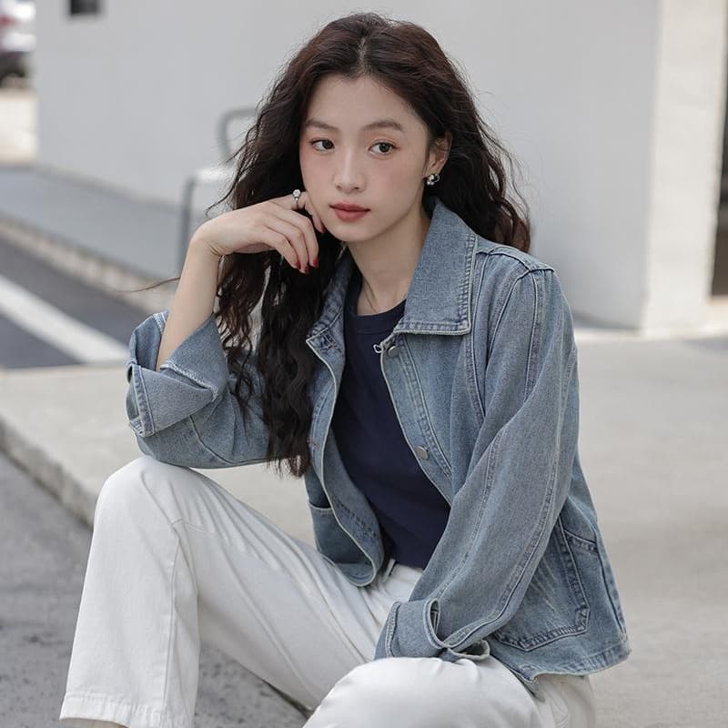 실사 2026 봄 가을 새로운 한 부서 루즈핏 폴로 칼라 데님 재킷 쇼트 스타일 작은 키 캐주얼 맨위 이미지 5