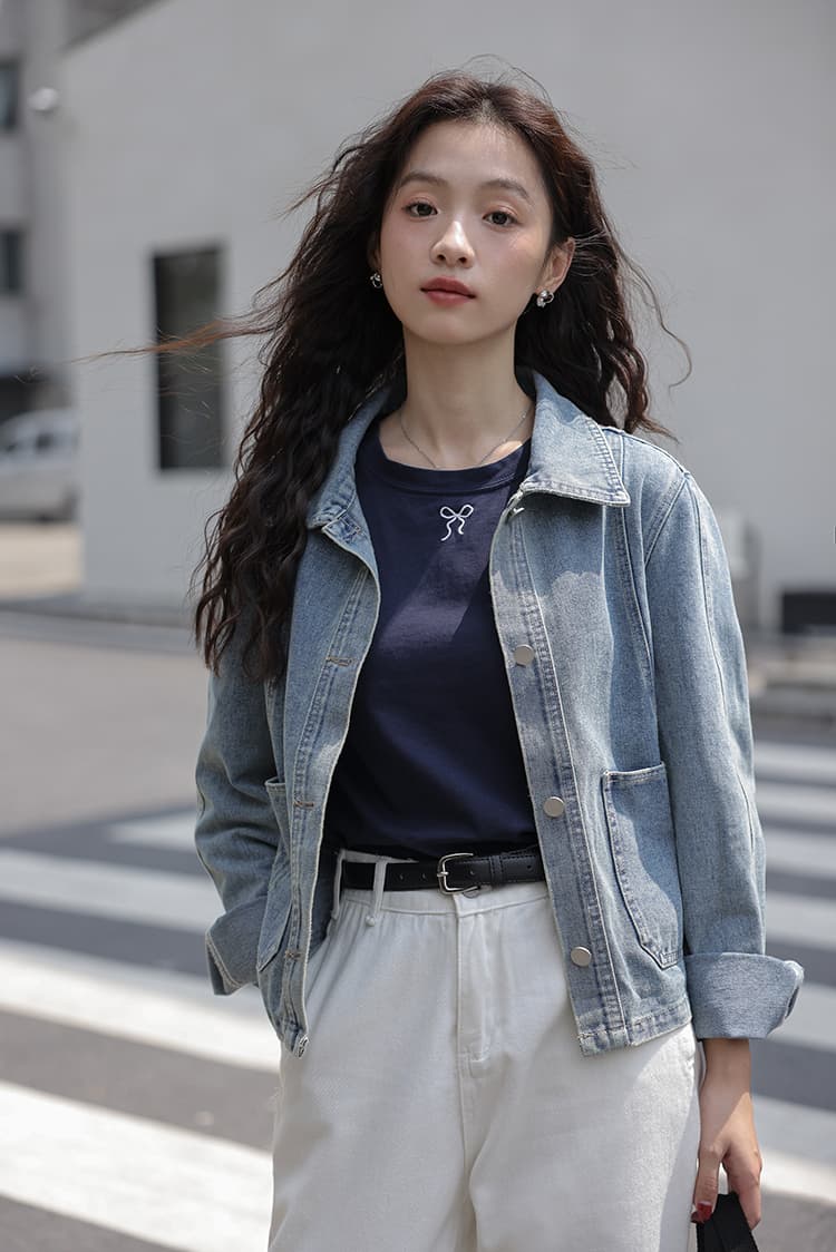 실사 2026 봄 가을 새로운 한 부서 루즈핏 폴로 칼라 데님 재킷 쇼트 스타일 작은 키 캐주얼 맨위 상세 이미지 3