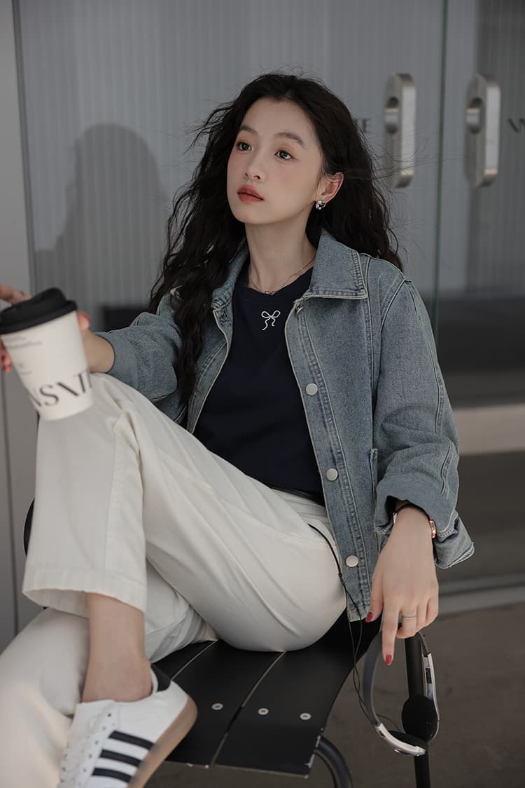 실사 2026 봄 가을 새로운 한 부서 루즈핏 폴로 칼라 데님 재킷 쇼트 스타일 작은 키 캐주얼 맨위 상세 이미지 7