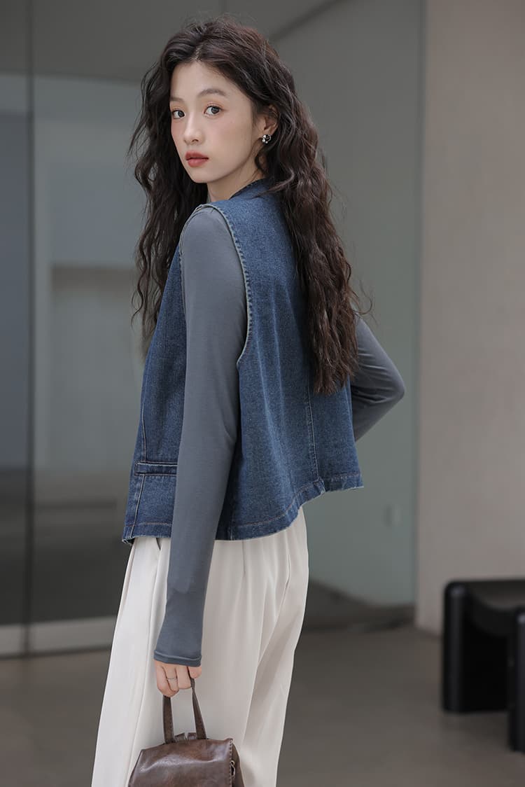 실사 2026 가을 새로운 데님 베스트 한 부서 외국 가스 스택 착용 패션 조끼 자켓 상세 이미지 9