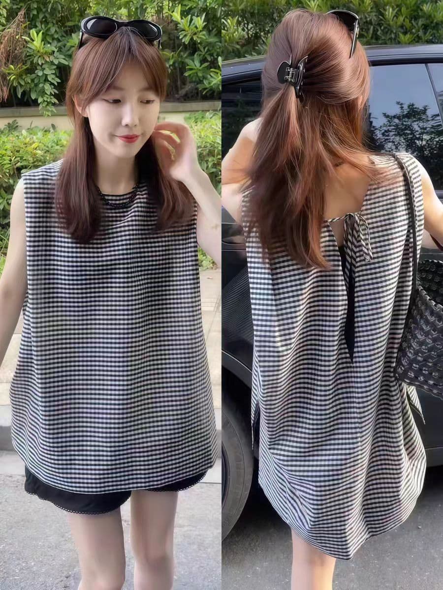 이후 홀로우 아웃 레이스업 민소매 체크무늬 여성 셔츠 2026 여름 새로운 루즈핏 슬림해 보이는 조끼 어깨 다용도 맨위 상세 이미지 2