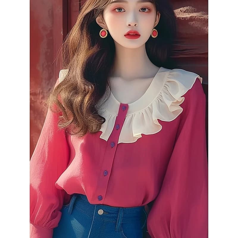 2026 봄 여름 새로운 프랑스식 고유 한 작은 맨위 부드러운 바람 한 부서 연령 감소 로즈 레드 쉬폰 프릴 셔츠 이미지 4