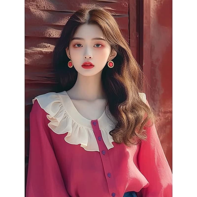 2026 봄 여름 새로운 프랑스식 고유 한 작은 맨위 부드러운 바람 한 부서 연령 감소 로즈 레드 쉬폰 프릴 셔츠 상세 이미지 3