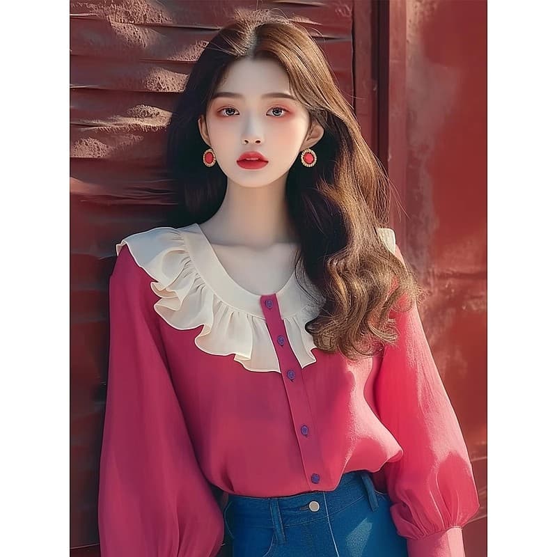 2026 봄 여름 새로운 프랑스식 고유 한 작은 맨위 부드러운 바람 한 부서 연령 감소 로즈 레드 쉬폰 프릴 셔츠 상세 이미지 4