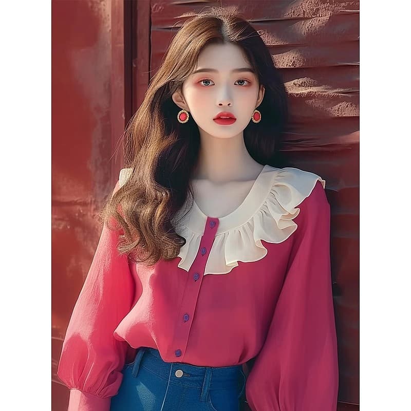 2026 봄 여름 새로운 프랑스식 고유 한 작은 맨위 부드러운 바람 한 부서 연령 감소 로즈 레드 쉬폰 프릴 셔츠 상세 이미지 5