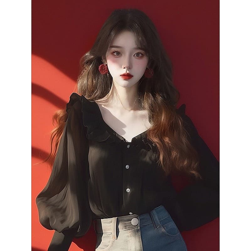 검정색 프릴 쉬폰 셔츠 2026 새로운 고유 한 슈퍼 잘 생긴 긴팔 맨위 디자인 센스 작은 대중 여성 상세 이미지 4