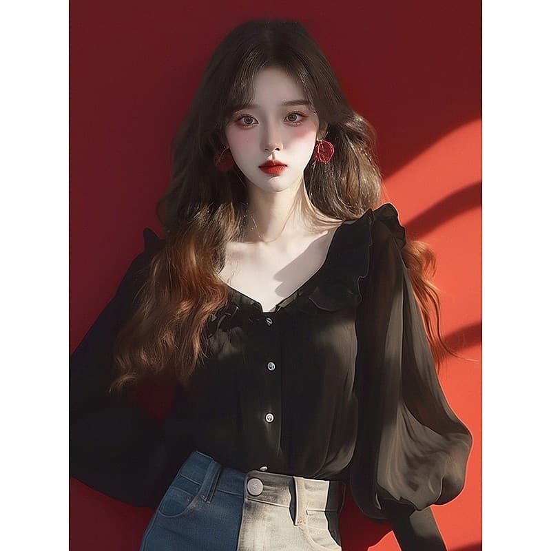 검정색 프릴 쉬폰 셔츠 2026 새로운 고유 한 슈퍼 잘 생긴 긴팔 맨위 디자인 센스 작은 대중 여성 상세 이미지 7