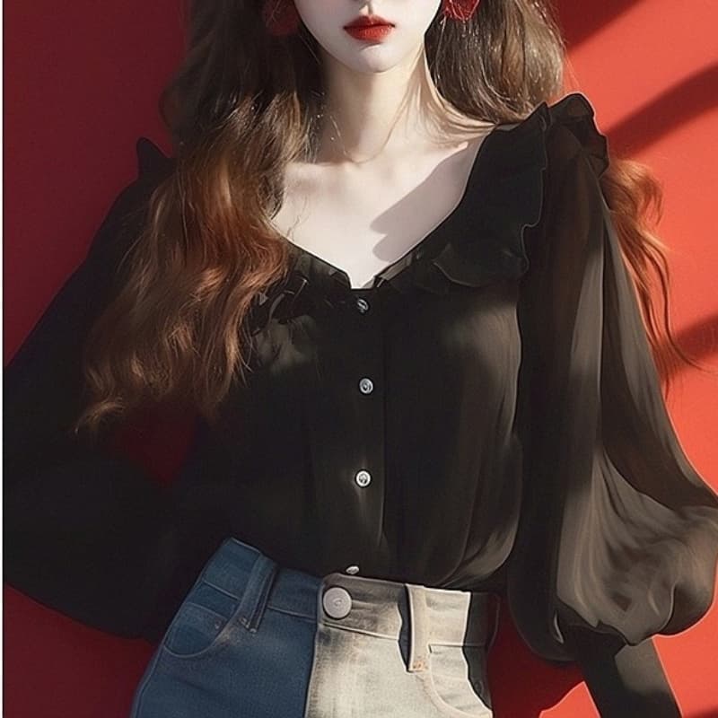 검정색 프릴 쉬폰 셔츠 2026 새로운 고유 한 슈퍼 잘 생긴 긴팔 맨위 디자인 센스 작은 대중 여성