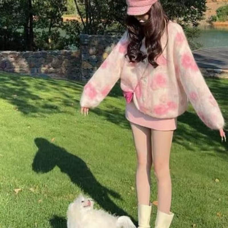 봄 가을 인기 한 부서 착용 가져 가라. 핑크색 꽃 스웨터 오픈 가디건 여성 가을 겨울 루즈핏 느긋한 바람 니트 재킷 맨위 이미지 5