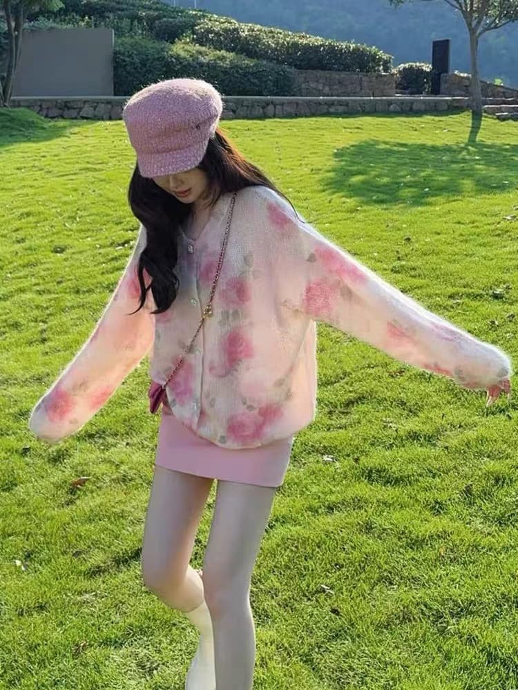 봄 가을 인기 한 부서 착용 가져 가라. 핑크색 꽃 스웨터 오픈 가디건 여성 가을 겨울 루즈핏 느긋한 바람 니트 재킷 맨위 상세 이미지 1