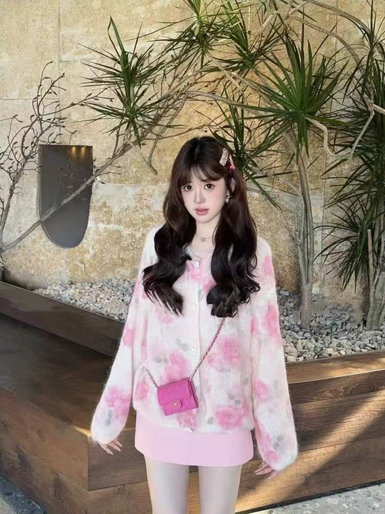 봄 가을 인기 한 부서 착용 가져 가라. 핑크색 꽃 스웨터 오픈 가디건 여성 가을 겨울 루즈핏 느긋한 바람 니트 재킷 맨위 상세 이미지 2