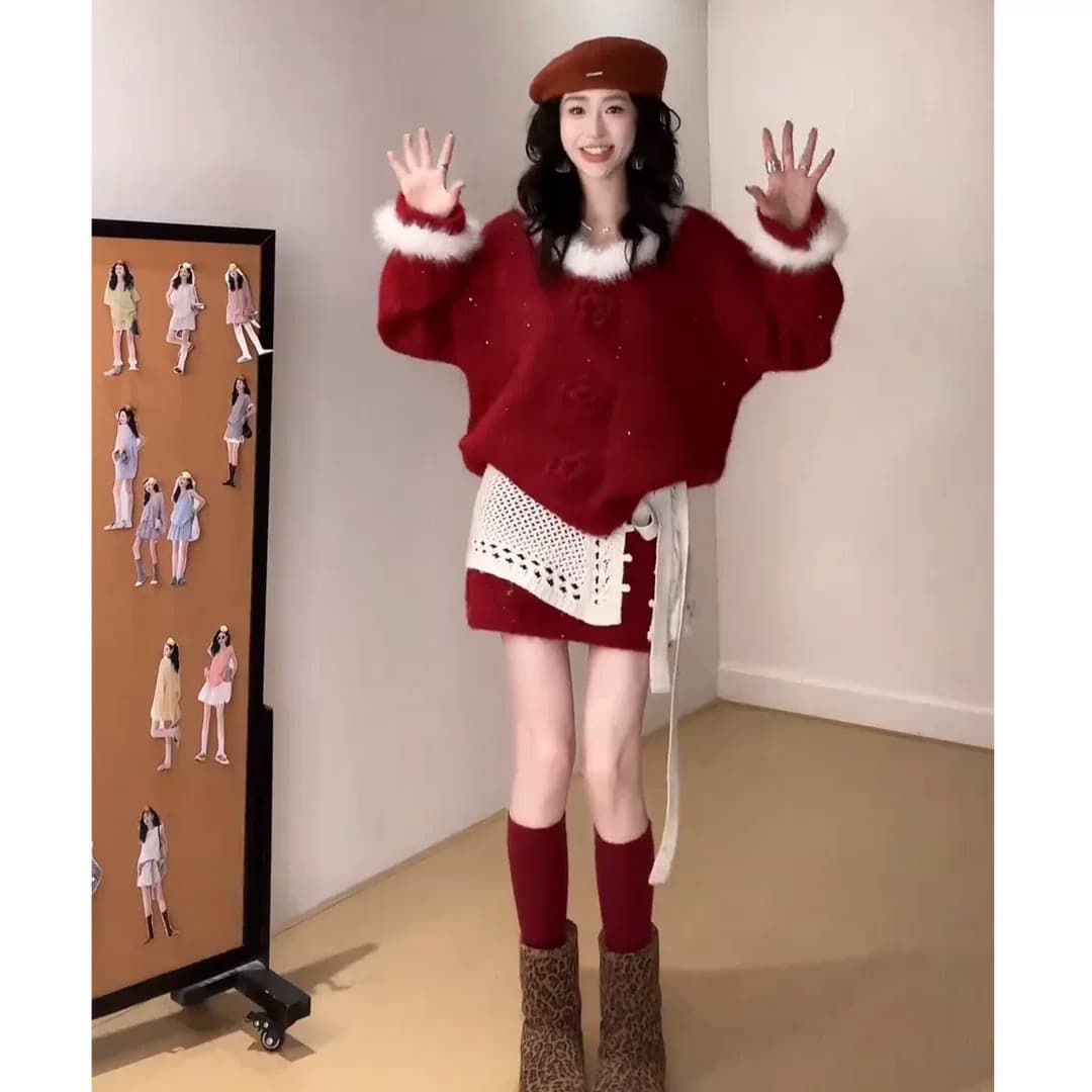 크리스마스 착용 가져 가라. 빨간색 세트 여성 봄 가을 부드러운 바람 플리스 니트 오픈 가디건 반신 미니 스커트 투피스 세트 이미지 2