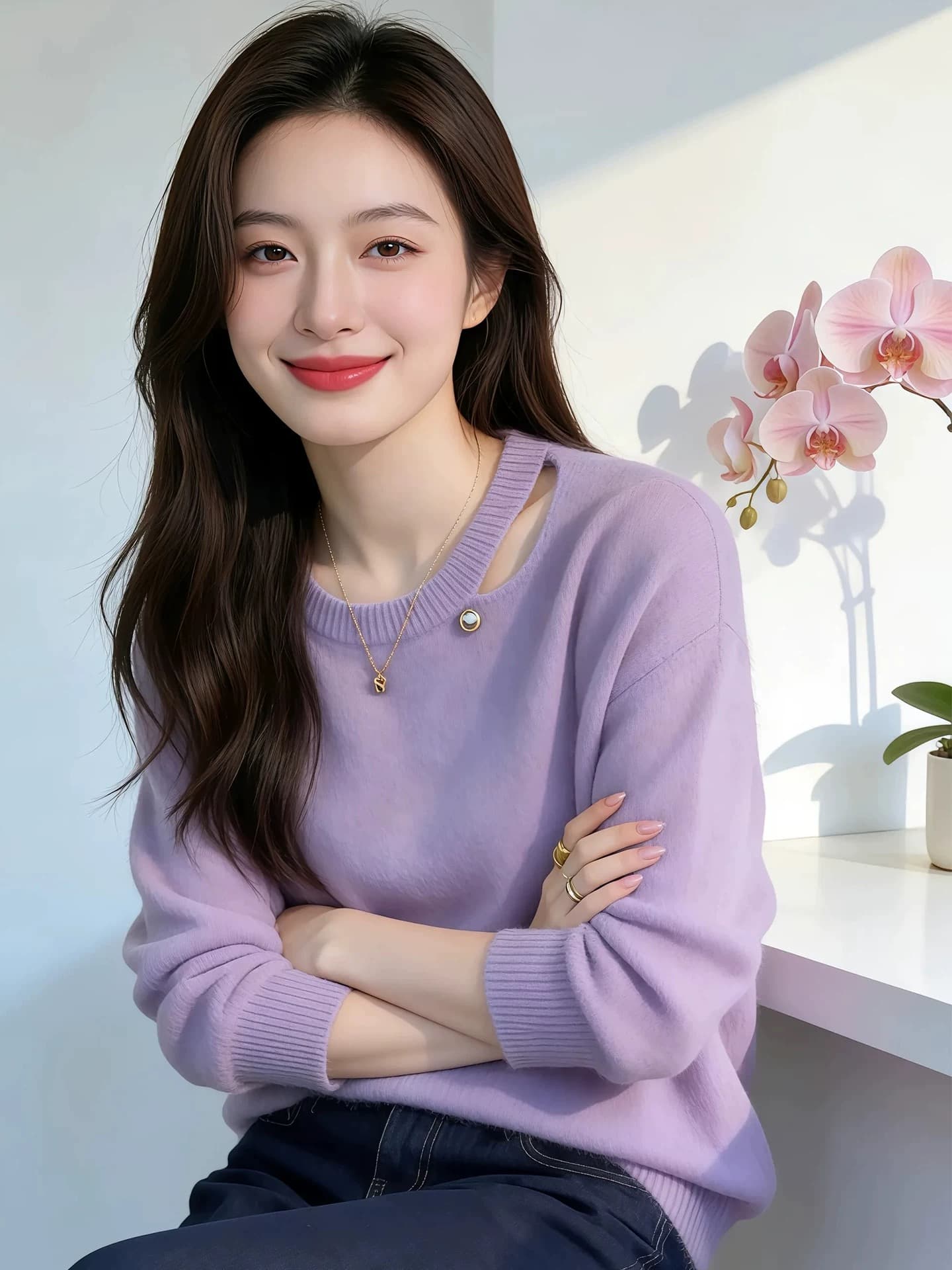 부드러운 느긋한 보라색 홀로우 아웃 부드러운 찹쌀 니트 스웨터 스웨터 여자 2026 봄 가을 자이언트 잘 생긴 한 부서 아름다운 맨위 상세 이미지 2