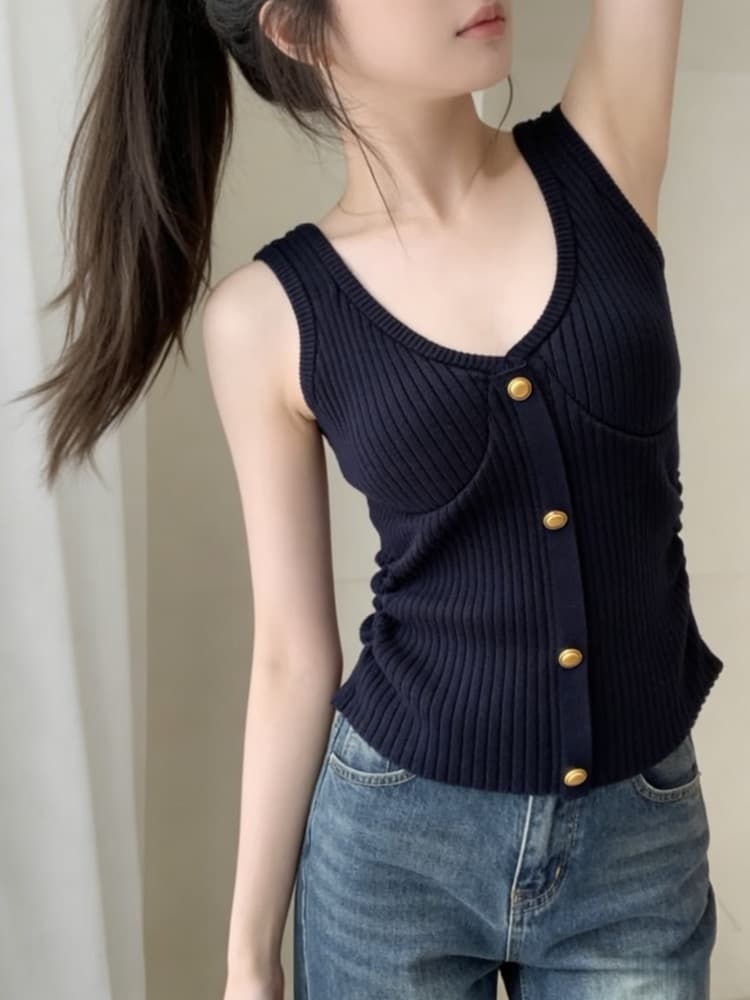 여름 새로운 블루 색상 품격 작은 샤넬 스타일 V넥 캐미솔 인사이드 가져 가라. 빅 사이즈 몸매 가꾸기 슬림해 보이는 허리 수축 멜빵 상세 이미지 6