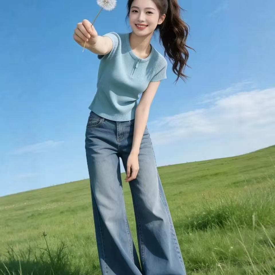 하늘색 라운드 넥 하프 지퍼 꼬집기 허리 반팔 티셔츠 여성 2026 여름 캐주얼 다용도 자이언트 잘 생긴 아름다운 맨위 상세 이미지 9